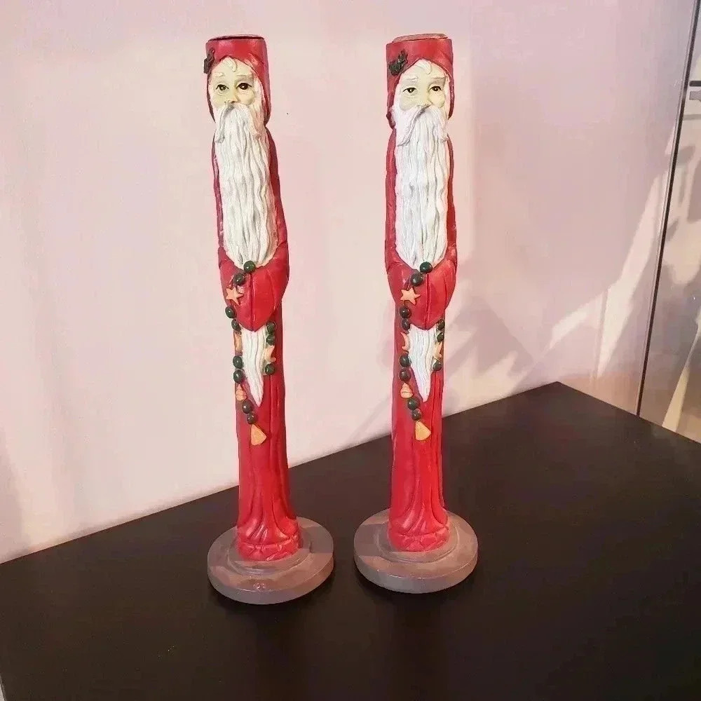Tall Skinny Santa Claus Candle Holders - Set of 2